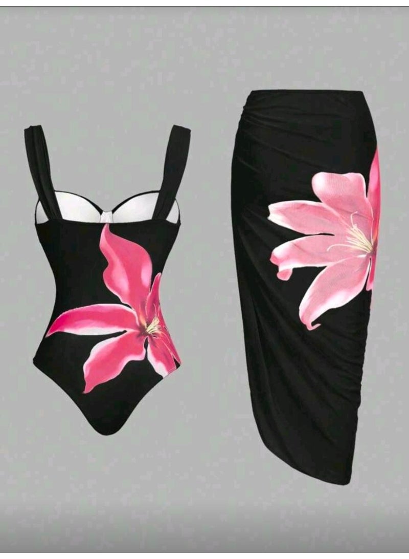 SHEIN-2pcs/Set Swim One-Piece Swimsuit With Cover-Up Skirt - Image 4